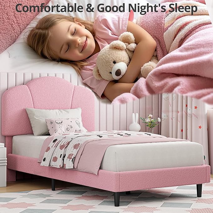 LIKIMIO Twin Size Bed Frame Sef of 2, Upholstered Twin Platform Bed with Headboard Lamb Velvet Twin Beds, No Box Spring Needed with 800LBS Sturdy Wooden Slats Support, Noise Free, Easy Assembly, Pink