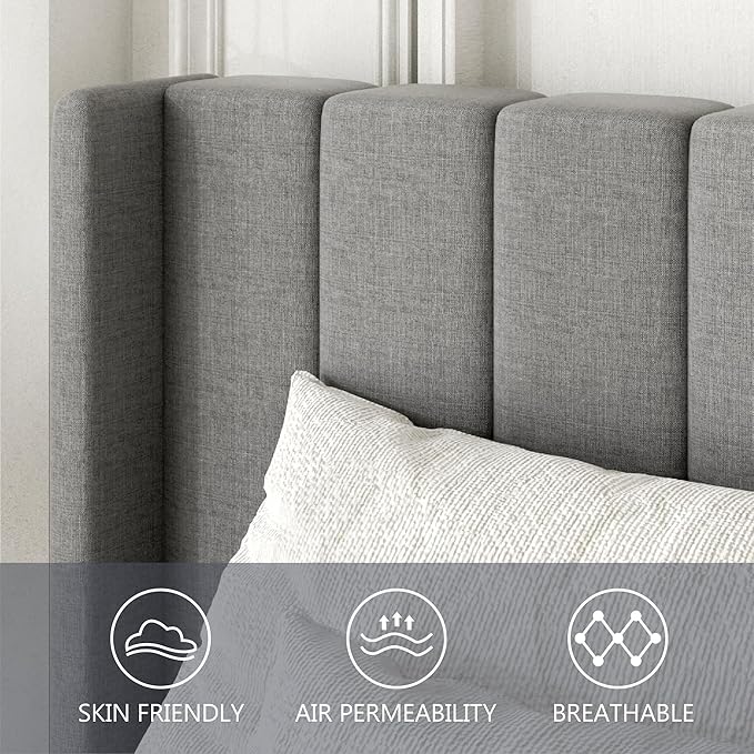 Gruwans Queen Size Bed Frame with Upholstered Wingback Headboard, Easy Assemnly Platform Bed, Wooden Slat Support No Box Spring Needed, Light Gray
