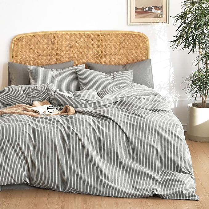 Wake In Cloud - Striped Cotton Duvet Cover Set, 100% Washed Cotton Textured Percale Bedding Set, Ticking Stripe Pinstripe Farmhouse, 3 Pieces, Grey, Twin Size
