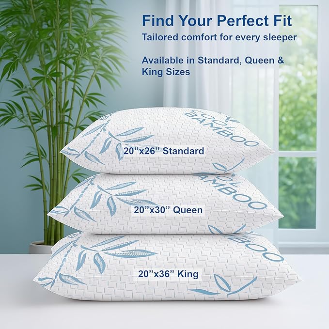 OMEO 2 Pack Bamboo Pillow Queen Size for Sleeping, Hypoallergenic Cooling Shredded Memory Foam Bed Pillows for Side, Back and Stomach Sleepers, Adjustable Loft and Washable Cover 20" x 30"
