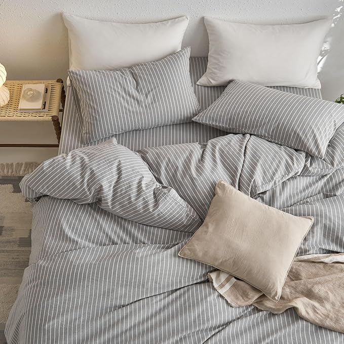 MooMee Striped Duvet Cover Set 100% Washed Cotton Linen Like Textured Breathable Durable Soft Comfy (Light Grey White Wide Stripes, Palatial King/Oversized King 120"x98")