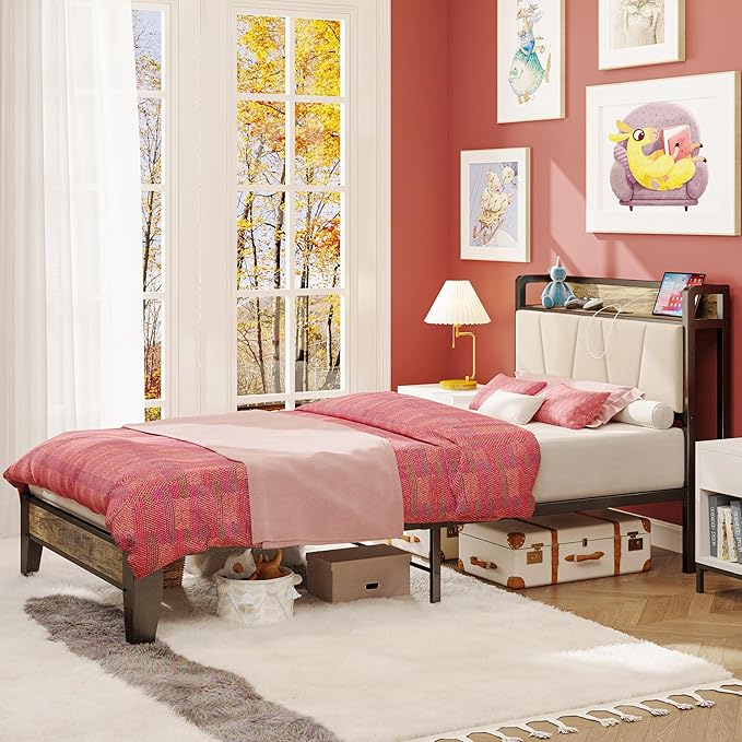 LIKIMIO Twin XL Bed Frames, Storage Headboard with Charging Station, Solid and Stable, Noise Free, No Box Spring Needed, Easy Assembly (Walnut and Beige)