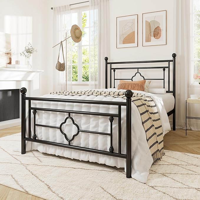 Allewie Twin Size Metal Platform Bed Frame with Victorian Vintage Headboard and Footboard/Mattress Foundation/Under Bed Storage/No Box Spring Needed/Noise-Free/Easy Assembly, Black