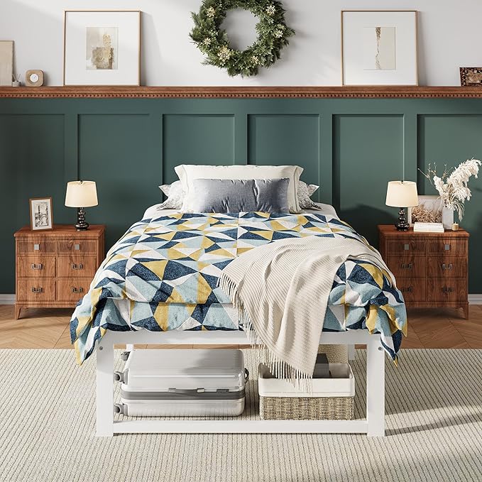 Allewie Twin Bed Frame, 14 Inch Metal Platform Bed Frame with 4000LBS Heavy Duty Steel Slats Support, Noise Free, Easy Assembly, No Box Spring Needed, White