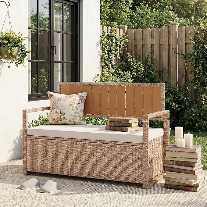 Outdoor Storage Bench with Cushion, 2-Person All-Weather PE Rattan Patio Bench with Backrest & Armrests, Waterproof Wicker Deck Box Seat for Garden, Porch, Poolside & Backyard, Metal Frame，Yellow