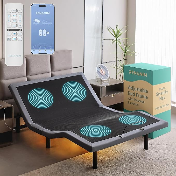 SFE Twin XL Adjustable Bed Frame - Zero Clearance Smart Frame, Electric Massage, Wireless Remote for Head & Foot Lift, 3 Height-Adjustable Legs - Zero Gravity, Underbed Lights & 4 USB Ports