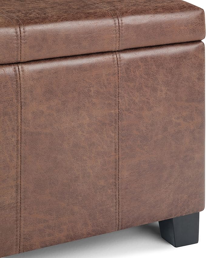 SIMPLIHOME Dover Storage Ottoman Bench - 36 inch Wide Upholstered Vegan Leather Rectangular Lift-Top Ottoman in Distressed Umber Brown, Contemporary Bench for Living Room with Safety Hinges