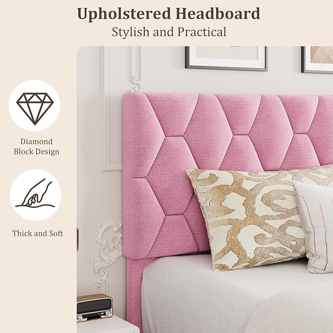GarveeHome Pink Queen Bed Frame with Upholstered Headboard, Heavy-Duty Platform Bed Frame with Strong Wood Slats, No Box Spring Needed/Noise Free/Easy Assembly