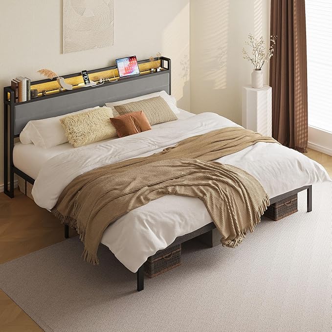 LIKIMIO King Size Bed Frame, Storage Headboard with LED Lights and Charging Station, Metal Platform Bed No Box Spring Needed, Noise Free, Under Bed Storage, Charcoal Gray