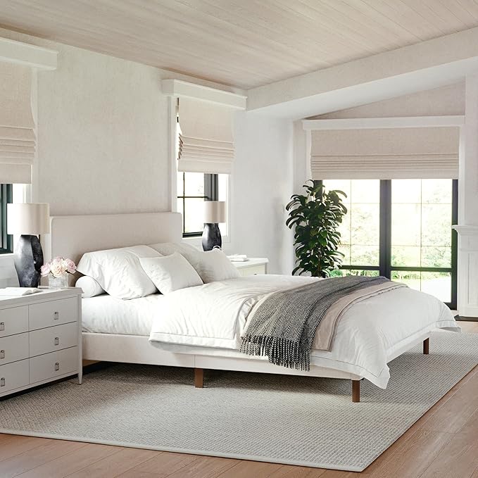 Martha Stewart Britta Platform Bed with Headboard & Footboard, Faux Linen Upholstery with Piping Detail, Rounded Headboard, No Box Spring Needed, King, Beige