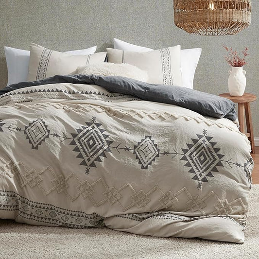 Oli Anderson Boho Duvet Cover Set Twin Size, Beige and Gray Color Clash 2 Pieces Microfiber Bedding Set, Durable and Super Soft Duvet Covers with Zipper and Ties, 68"*90"