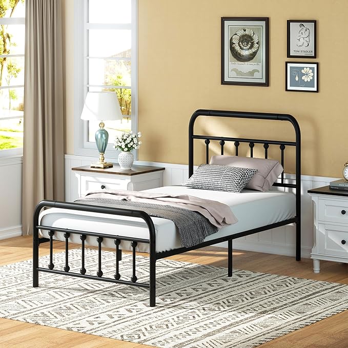 Shintenchi Twin Size Metal Platform Bed Frame with Headboard & Footboard, Steel Slat Mattress Foundation, Under Bed Storage, Noise-Free, No Box Spring Needed, Black Round