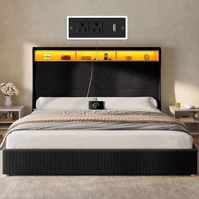 YITAHOME King Size Corduroy Upholstered Platform Bed Frame with Charging Station and RGB LED Lights, 53’’ Tall Storage Wingback Headboard, No Box Spring Needed, Easy Assembly, Noise-Free, Black