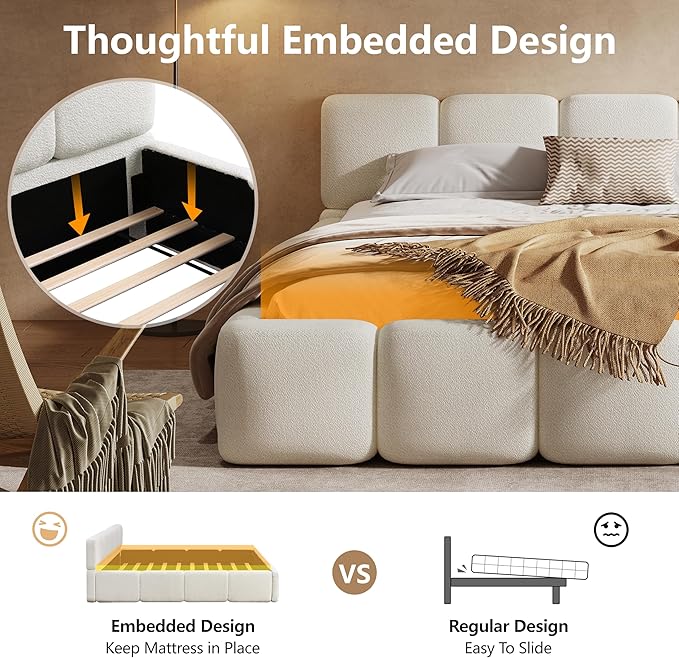Merax California King Size Boucle Platform Bed with Thick Headboard and Footboard, Block Style Upholstery Floor Bed Frame, White
