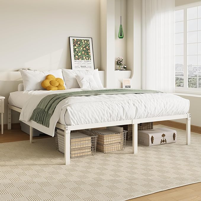 Allewie Full Size Bed Frame, 14 inch Metal Platform Beds with Storage Space, No Box Spring Needed and Easy Assembly, White