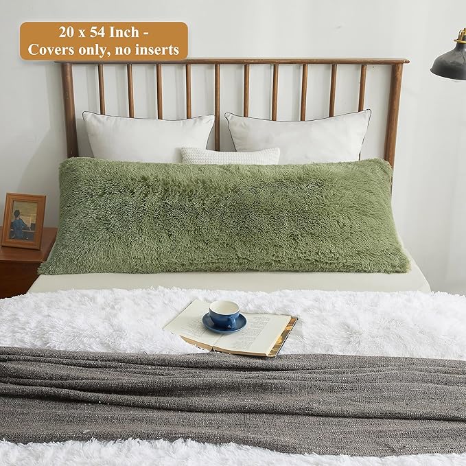 XeGe Luxury Shaggy Faux Fur Body Pillow Cover 20x54, Shed-Free Fluffy Long Pillowcase Hidden Zipper, Soft Plush Pillow Sham for Side Sleepers & Pregnancy Support, Aesthetic Room Decor (Sage Green)