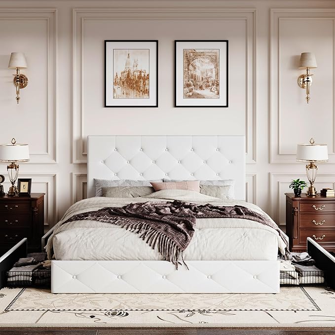 SHA CERLIN Full Size Platform Bed Frame with 4 Oversized Storage Drawers, Adjustable Headboard with Velvet Upholstery, Square Button Tufted Design, Wooden Slat Support, No Box Spring Needed, White