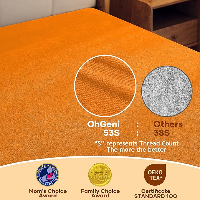 OhGeni 100% Waterproof Mattress Protector, Queen Size Orange, Fitted Sheet with Deep Pockets, 6''-18'', Premium Noiseless Breathable Soft Material, Mattresses Cover for Bed