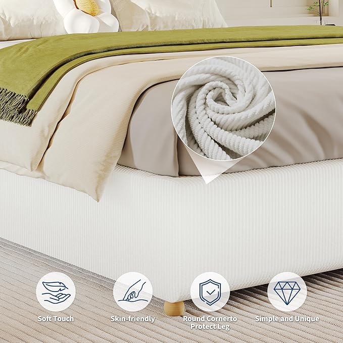 GarveeHome Queen Size Cloud Bed Frame，Corduroy Low Bed Frame Without Headboard, Thick Fabric Upholstered Platform Bed, Solid Wood Legs, No Box Spring Needed, Never Squeak, Easy Assembly, White