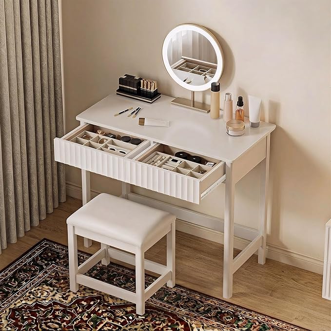 ChooChoo 40 Inch Modern Desk with Drawers, Makeup Vanity Desk with Padded Stool, Small Home Office Desk for Bedroom, White