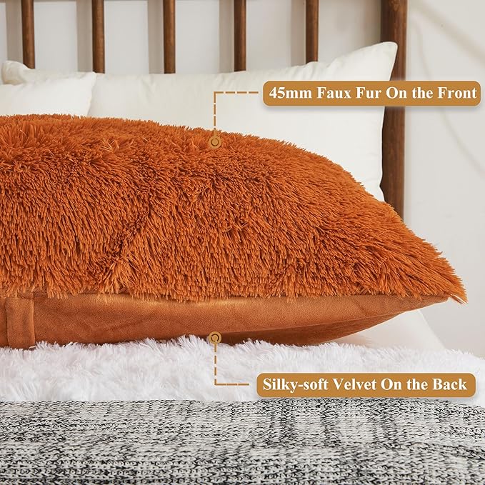 XeGe Shaggy Faux Fur Body Pillow Cover, Fluffy Long Bed Pillowcase with Zipper, Soft Decorative Plush Furry Body Pillowcase, Terracotta Fuzzy Pillow Sham for Kids Girls Women 20"x54", Burnt Orange