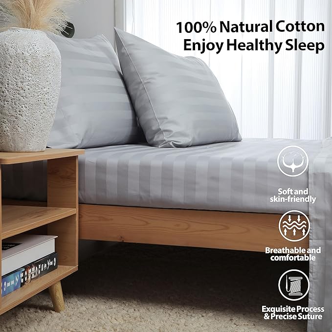 2-Pack Pure Cotton Fitted Sheet Queen Size, 600 Thread Count 16" Deep Pocket Egyptian Cotton Fitted Sheet (2pcs, Queen, Stripted Gray)