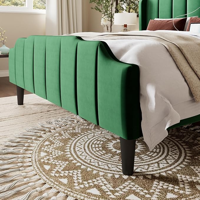 Allewie Vintage Full Size Velvet Platform Bed Frame with Curved Vertical Tufted Wingback Headboard and Footboard, Charging Station, Easy Assembly, Under Bed Storage, No Box Spring Required, Green