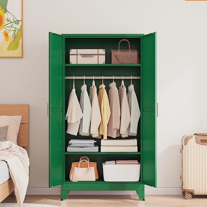 Metal Armoire Wardrobe Closet with Hanging Rod, Clothing Storage Cabinet with Adjustable Shelves for Laundry Room, Bedroom, Home Office, Bathroom, 71" Green