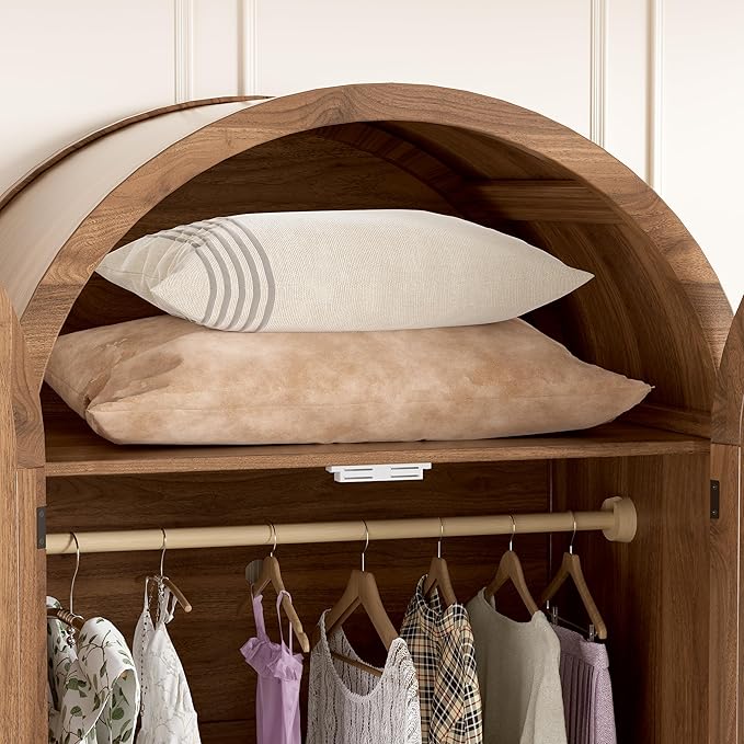 PAKASEPT Armoire Wardrobe Closet with Drawers and 2 Arched Fluted Doors, 70.9‘’ Tall Wooden Bedroom Armoires with LED Light & Shelves and Hanging Rod(Brown)
