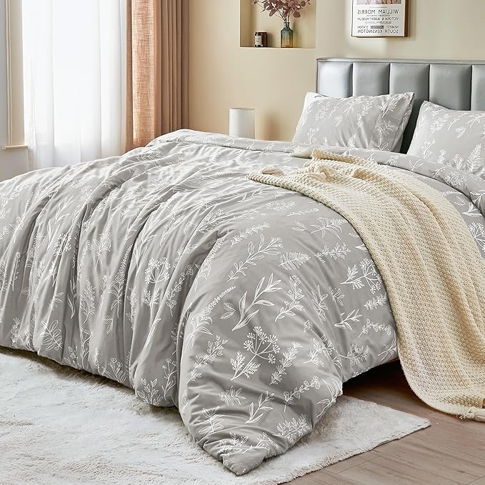MUXHOMO Duvet Cover Queen Size, Reversible Floral Silver Gray Duvet Cover Set with Zipper Closure, 3 Pieces Botanical Patterns Soft Microfiber Bedding Set with 4 Ties (90"x90", 2 Pillow Cases)