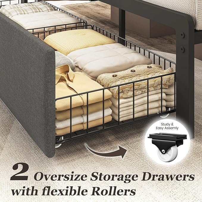 Fluest Queen Bed Frame with 2 Storage Drawers, Upholstered Headboard Button Tufted Bed Frame with Charging Station, No Box Spring Needed, Noise-Free, All Metal Structure, Grey