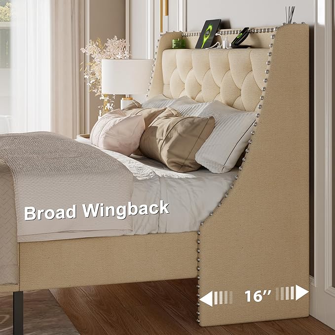 Feonase Queen Bed Frame with Luxury Wingback and Fast Charging Station,Queen Upholstered Button Tufted Storage Headboard Platform Bed,Sturdy Wooden Slats Support,Noise-Free,Easy Assembly, Beige