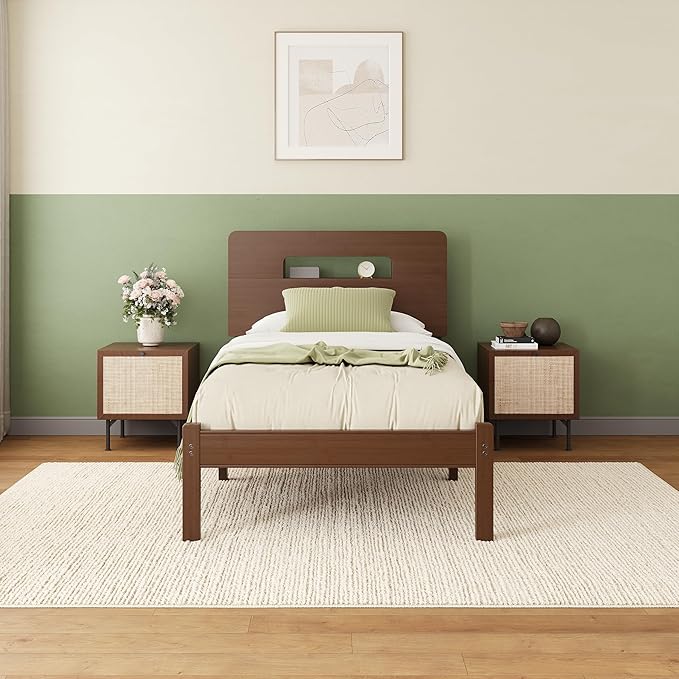 ZIYOO 14 Inch Twin Size Bed Frame, Walnut Bamboo Platform Bed with Solid Frame & Heavy-Duty Iron Slats, No Box Spring Needed, Noise-Free Design