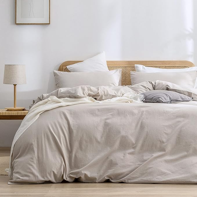 BESTOUCH Duvet Cover Set 100% Washed Cotton Linen Feel Super Soft Comfortable Chic Lightweight 3 PCs Home Bedding Set Solid Linen Grey Full/Double