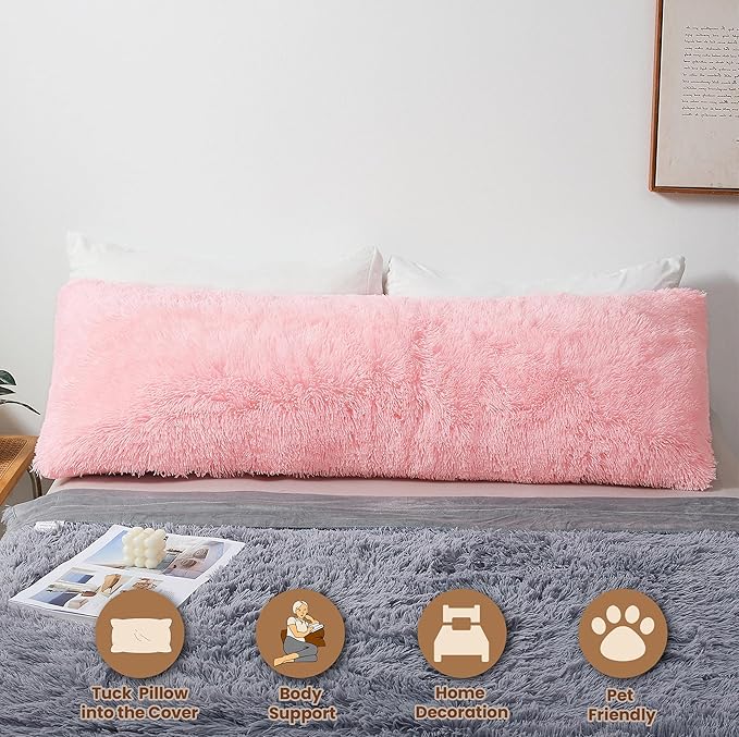 MEGO Pink Faux Fur Body Pillow Cover, 20x54, Fluffy Plush Pillowcase