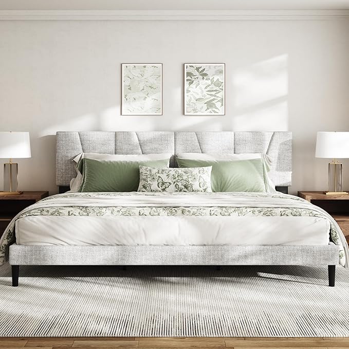 King Size Bed Frame with Linen Upholstered Platform Bed Frame, Wooden Slats Support, Noise-Free Mattress Foundation, No Box Spring Needed, Easy Assembly, Light Grey