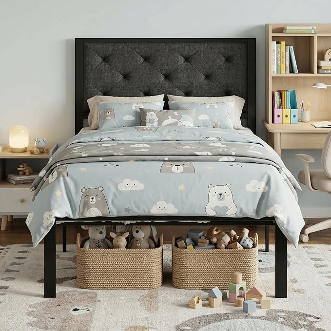 SHA CERLIN Twin Size Metal Platform Bed Frame,Linen Upholstered Button Tufted Headboard, Mattress Foundation with 12.4” Under-Bed Storage, Noise-Free, Easy Assembly, No Box Spring Needed, Dark Grey