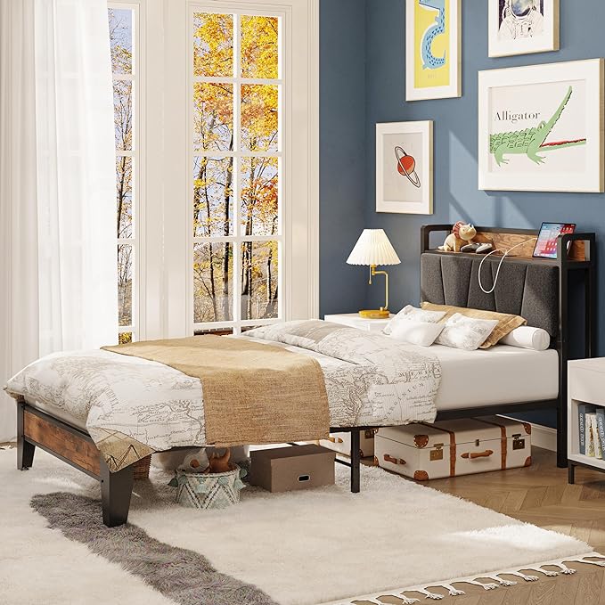 LIKIMIO Twin XL Bed Frames, Storage Headboard with Charging Station, Solid and Stable, Noise Free, No Box Spring Needed, Easy Assembly