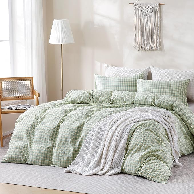 TOCOMOA Plaid Duvet Cover Set 100% Washed Cotton Like Linen Feel Super Soft Comfy 3 Piece Green and Yellow Gingham Checkered Bedding Comforter Cover Set (Queen 90"x90", Comforter Not Included)