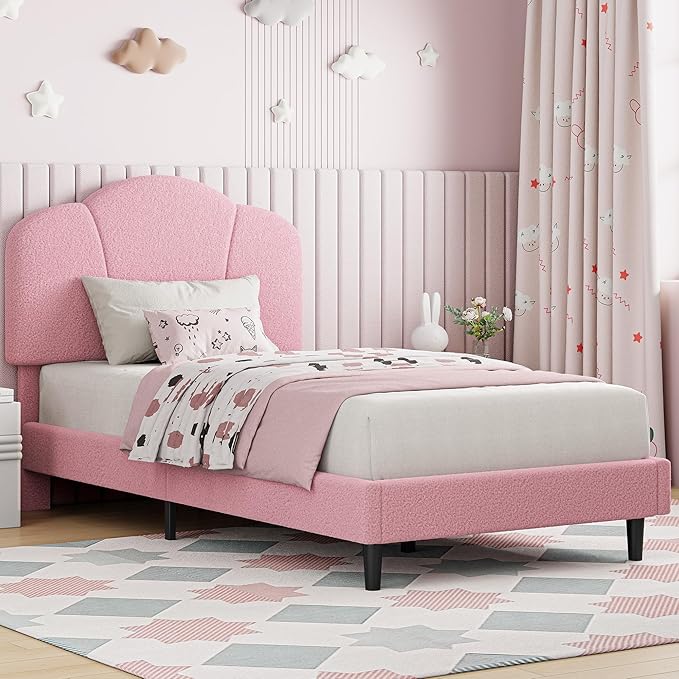 LIKIMIO Twin Size Bed Frame Sef of 2, Upholstered Twin Platform Bed with Headboard Lamb Velvet Twin Beds, No Box Spring Needed with 800LBS Sturdy Wooden Slats Support, Noise Free, Easy Assembly, Pink