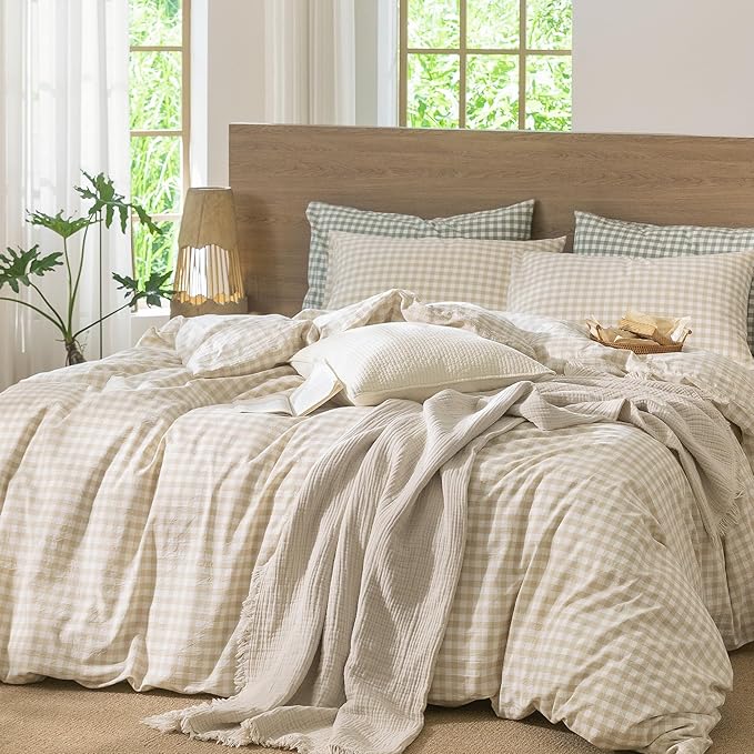 MooMee Gingham Duvet Cover Set 100% Washed Cotton Linen Like Textured Breathable Durable Soft Comfy Modern Checkered Design (Almond Milk Grey Gingham, King 104"x90")