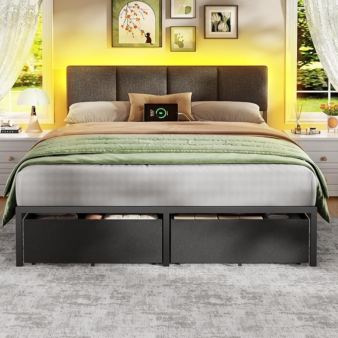 Furnulem Queen Bed Frame with Adjustable Headboard, Upholstered Bed with 2 Storage Drawers, Built-in USB Charging Station & LED Lights, Platform Bedframe with Metal Slats, No Spring Box Needed, Grey