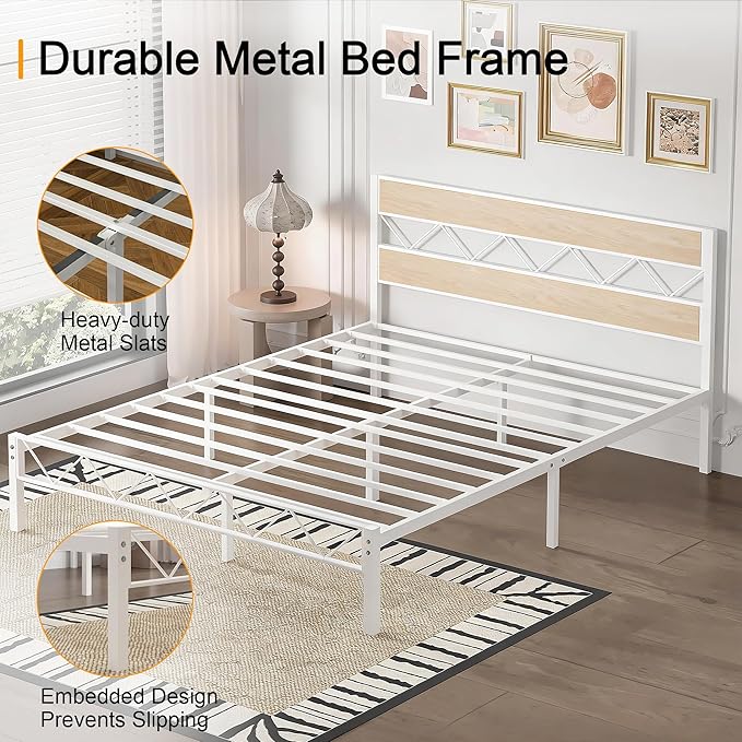 VECELO Queen Size Bed Frame with Headboard, Heavy-Duty Platform Bedframe with Metal Slats Support, No Box Spring Needed, Easy Assembly, White & Natural