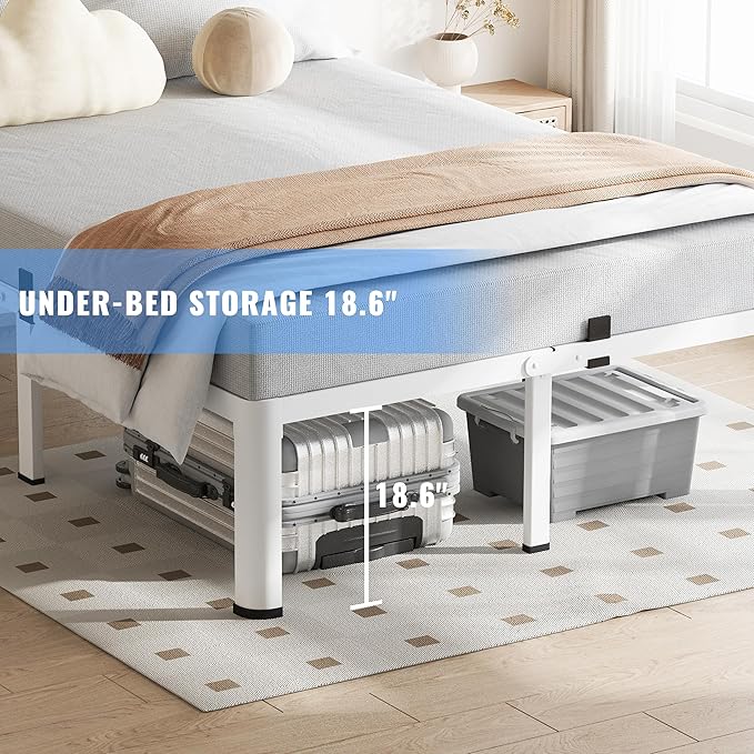VIPSHOW 20 Inch Queen Size White Bed Frame, 3500Lbs Heavy Duty Metal Platform with Round Corner Legs Mattress Slide Stopper, Steel Slat Support No Box Spring Needed, Noise Free, Easy Assembly
