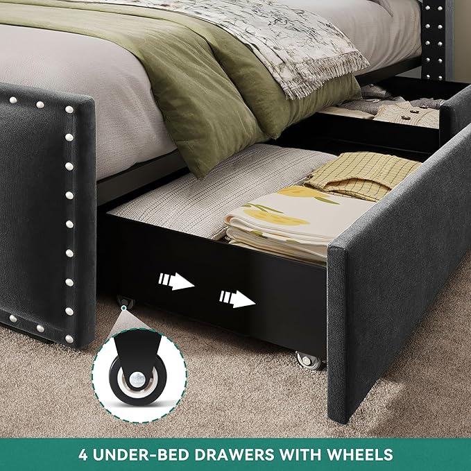 YITAHOME King Size Bed Frame wi/ 4 Storage Drawers and RGB LED Lights, Velvet Upholstered Platform Bed w/Charging Station and Bookcase Storage Headboard, No Box Spring Needed, Easy Assembly, Dark Gray