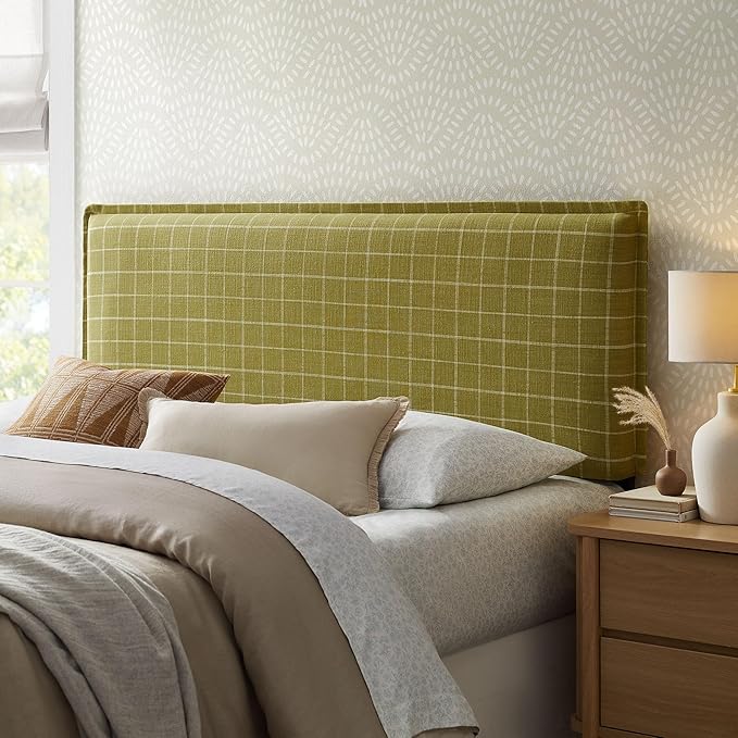 Modway Camille Queen Size Checkered Linen Blend Plaid Headboard with Removable Slipcover – in Artichoke Windowpane Check - Padded Pillow Style Headboard with Adjustable Mounting for Queen Beds