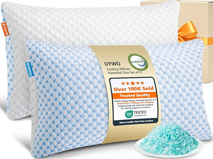 UYWO Cooling Firm Bed Pillows Set of 2, Shredded Memory Foam Pillows for Sleeping Luxury Gel Pillows for Side Back Stomach Sleepers with Removable Washable Cover(Blue, Standard)