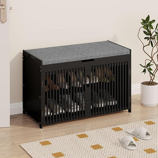 WISUCART Shoe Storage Bench with Cushion Seat, Bamboo Entryway Shoe Rack Bench, 2-Tier Shoe Organizer for Entryway, Bedroom, Hallway, Living Room, Holds Up to 330 lbs, Black