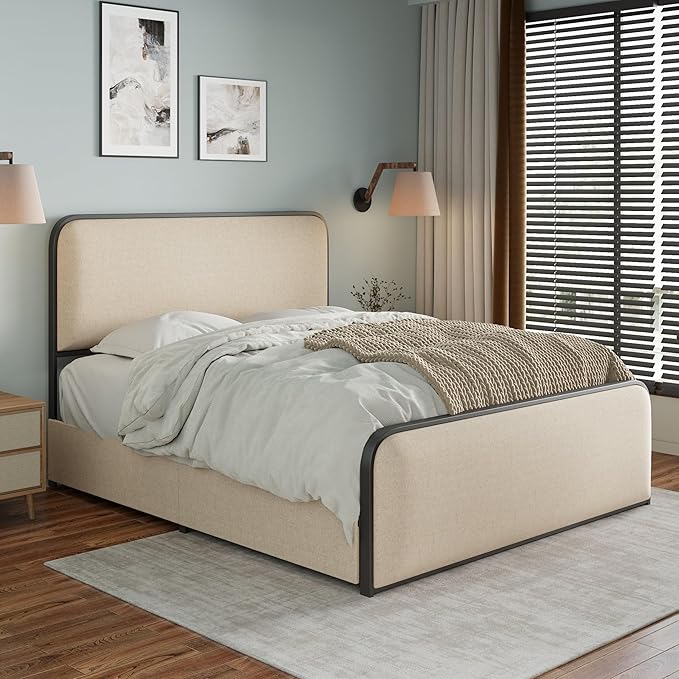 Merax Metal Platform Bed King Size with Curved Upholstered Headboard and Footboard, King Bed Frame with 4 Storage Drawers Under Bed, Heavy Duty Metal Slats, No Box Spring Needed, Easy Assembly, Beige
