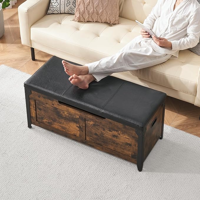 GAOMON Storage Chest, Wooden Storage Trunk with Metal Frame, Entryway Shoes Bench with Cushion, Large Storage Organizer, 39.4" Lift-Top Storage Chest with 2 Hinges for Bedroom, Living room